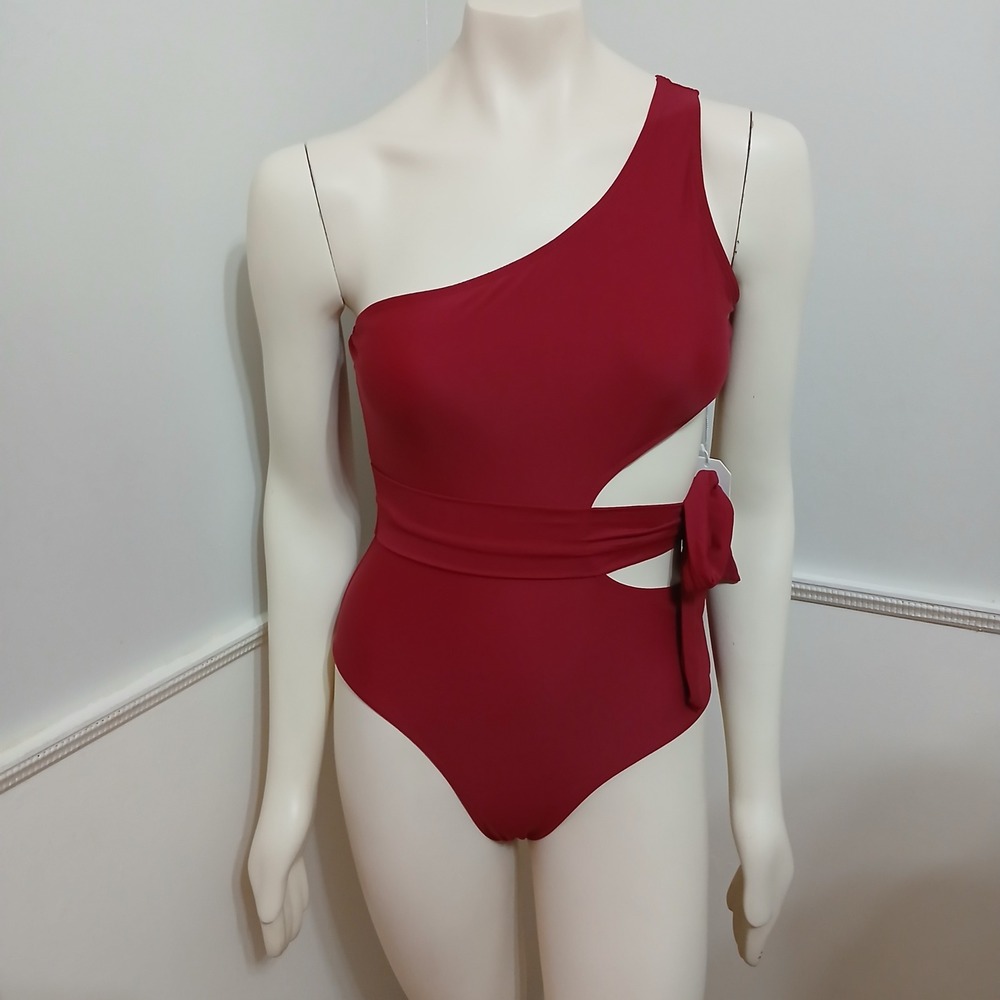 Lillusory Womens One Shoulder Cutout Tie Waist One Piece Swimsuit Burgundy Small